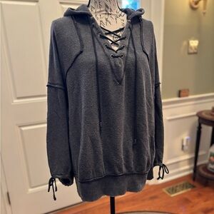 Free People Soft Knit Winston Lace Up Distressed Hoodie Charcoal GUC Small